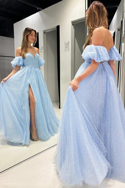 Off the Shoulder Blue Tulle Prom Dresses, Off Shoulder Blue Tulle Formal Evening Dresses