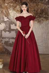 Off the Shoulder Burgundy Satin Long Prom Dresses, Wine Red Off Shoulder Long Formal Evening Dresses