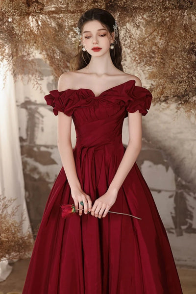 Off the Shoulder Burgundy Satin Long Prom Dresses, Wine Red Off Shoulder Long Formal Evening Dresses