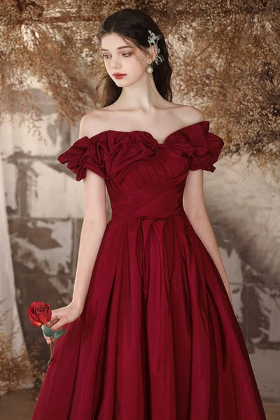 Off the Shoulder Burgundy Satin Long Prom Dresses, Wine Red Off Shoulder Long Formal Evening Dresses