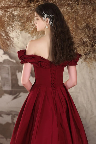 Off the Shoulder Burgundy Satin Long Prom Dresses, Wine Red Off Shoulder Long Formal Evening Dresses