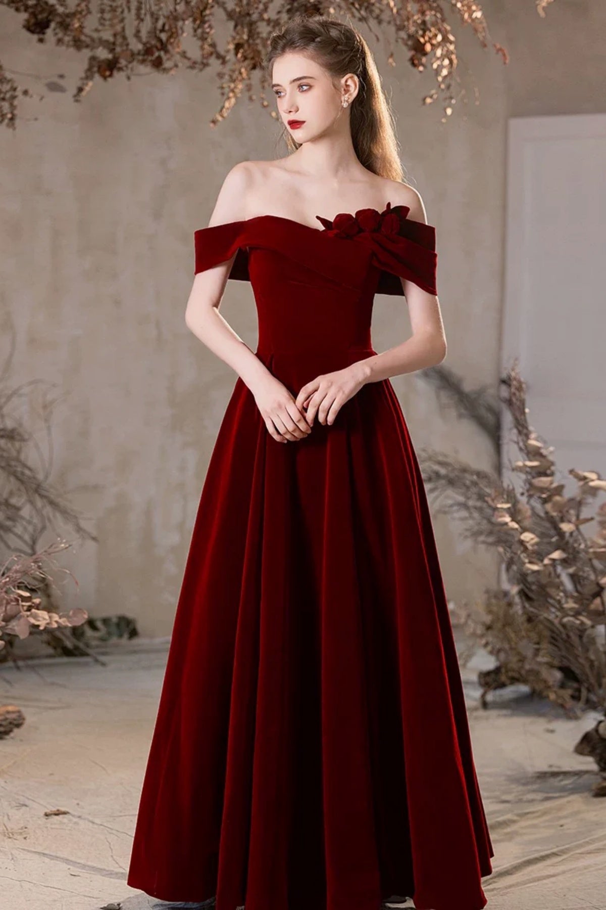 Off the Shoulder Burgundy Velvet Long Prom Dresses, Wine Red Off Shoulder Long Velvet Formal Evening Dresses