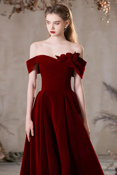 Off the Shoulder Burgundy Velvet Long Prom Dresses, Wine Red Off Shoulder Long Velvet Formal Evening Dresses