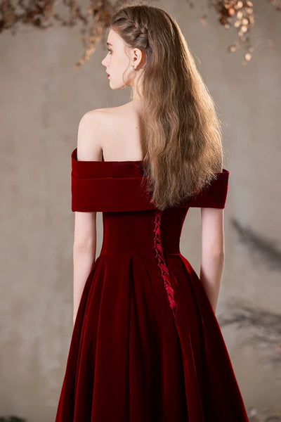 Off the Shoulder Burgundy Velvet Long Prom Dresses, Wine Red Off Shoulder Long Velvet Formal Evening Dresses