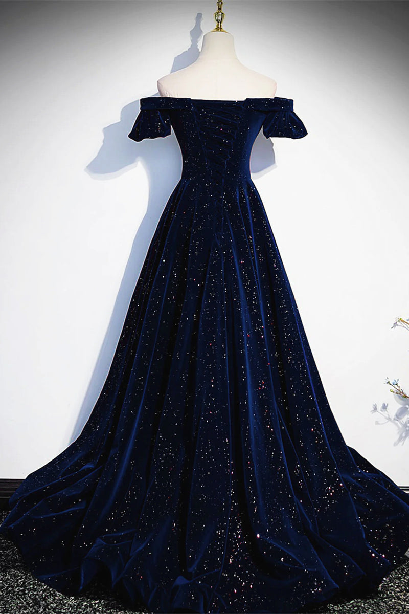 Off the Shoulder Dark Navy Blue Long Prom Dresses, Dark Navy Blue Long ...