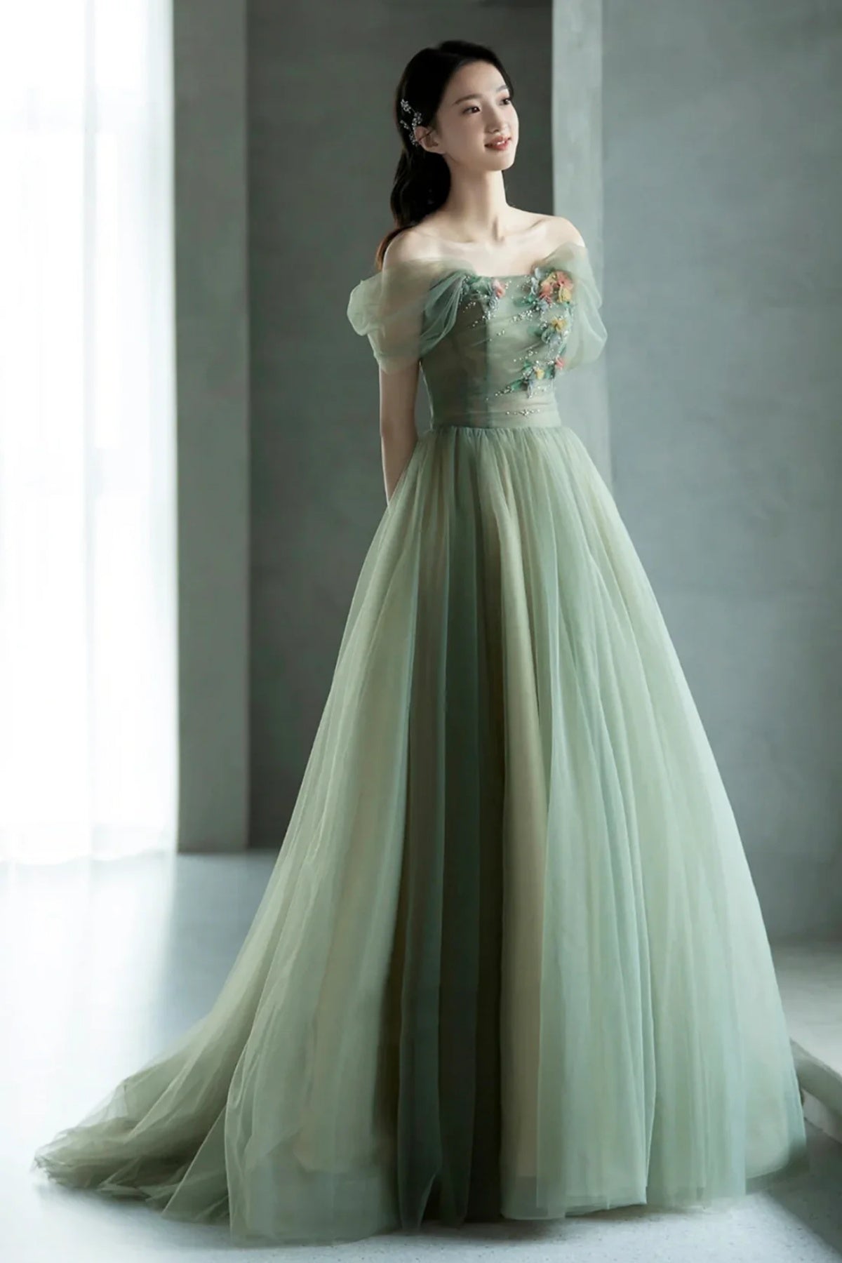 Off the Shoulder Green Floral Long Prom Dresses, Green Long Floral Formal Evening Dresses