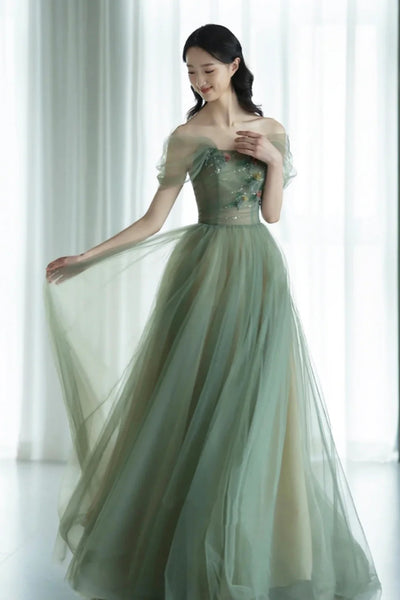 Off the Shoulder Green Floral Long Prom Dresses, Green Long Floral Formal Evening Dresses