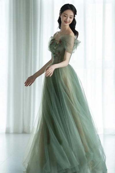 Off the Shoulder Green Floral Long Prom Dresses, Green Long Floral Formal Evening Dresses