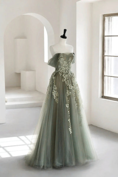 Off the Shoulder Green Lace Floral Long Prom Dresses, Green Long Floral Formal Evening Dresses