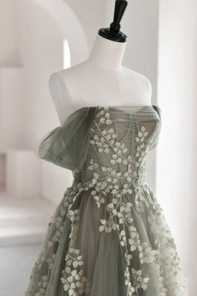 Off the Shoulder Green Lace Floral Long Prom Dresses, Green Long Floral Formal Evening Dresses