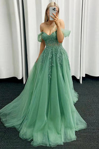 Off the Shoulder Green Tulle Lace Prom Dresses, Green Tulle Lace Off Shoulder Formal Evening Dresses