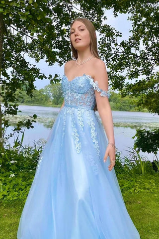 Off the Shoulder Light Blue Lace Prom Dresses, Light Blue Lace Formal Evening Dresses