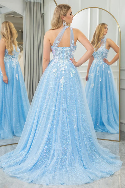 One Shoulder Blue Lace Prom Dresses, Blue One Shoulder Lace Formal Evening Dresses