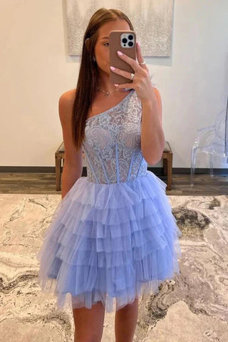 One Shoulder Ruffle Blue Lace Prom Dresses, Blue Lace Homecoming Dresses, Short Blue Formal Graduation Evening Dresses