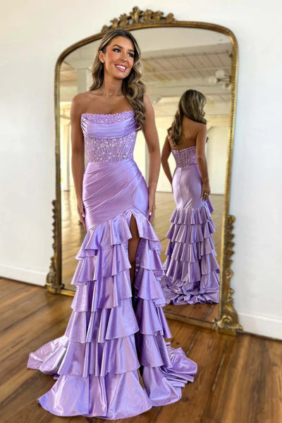 Scoop Neck Pink Purple Black Layered Mermaid Lace Prom Dresses, Mermaid Layered Lace Formal Evening Dresses