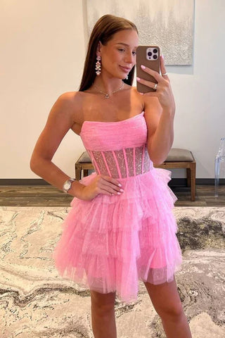 Shiny Strapless Layered Pink Tulle Short Prom Dresses, Strapless Pink Homecoming Dresses