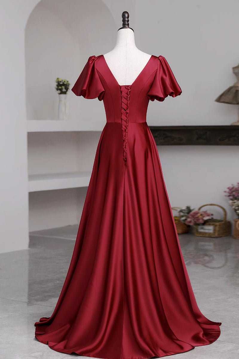 Short Sleeves Burgundy Long Prom Dresses with High Slit, Wine Red High ...