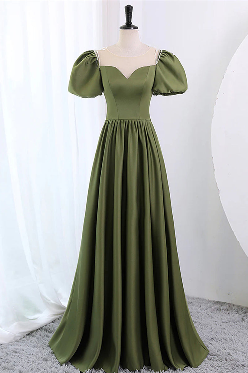 Short Sleeves Scoop Neck Dark Green Satin Prom Dresses, Short Sleeves ...