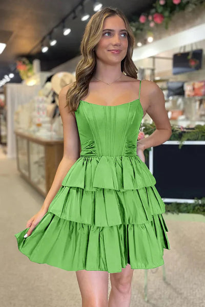 Simple Backless Layered Satin Black/Green Prom Dresses, Short Black/Green Homecoming Dresses