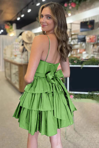 Simple Backless Layered Satin Black/Green Prom Dresses, Short Black/Green Homecoming Dresses