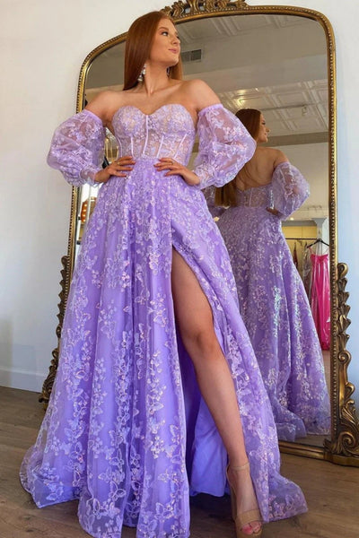 Sparkly Princess Puff Sleeves Lilac Blue Ivory Lace Prom Dresses, Puff Sleeves Lace Formal Graduation Dresses