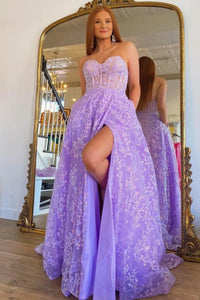 Sparkly Princess Puff Sleeves Lilac Blue Ivory Lace Prom Dresses, Puff Sleeves Lace Formal Graduation Dresses