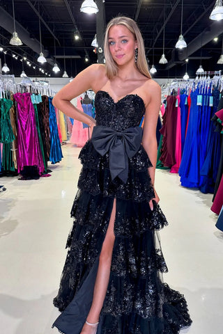 Strapless Black Lace Layered Long Prom Dresses, Black Lace Layered Formal Evening Dresses