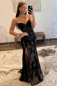 Strapless Black Lace Prom Dresses, Strapless Black Lace Mermaid Formal Evening Dresses