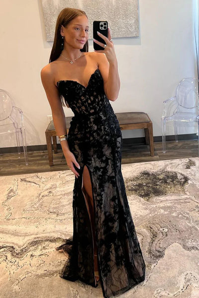 Strapless Black Lace Prom Dresses, Strapless Black Lace Mermaid Formal Evening Dresses