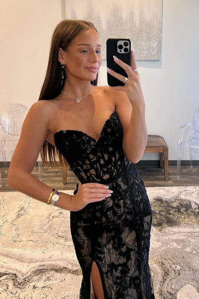 Strapless Black Lace Prom Dresses, Strapless Black Lace Mermaid Formal Evening Dresses