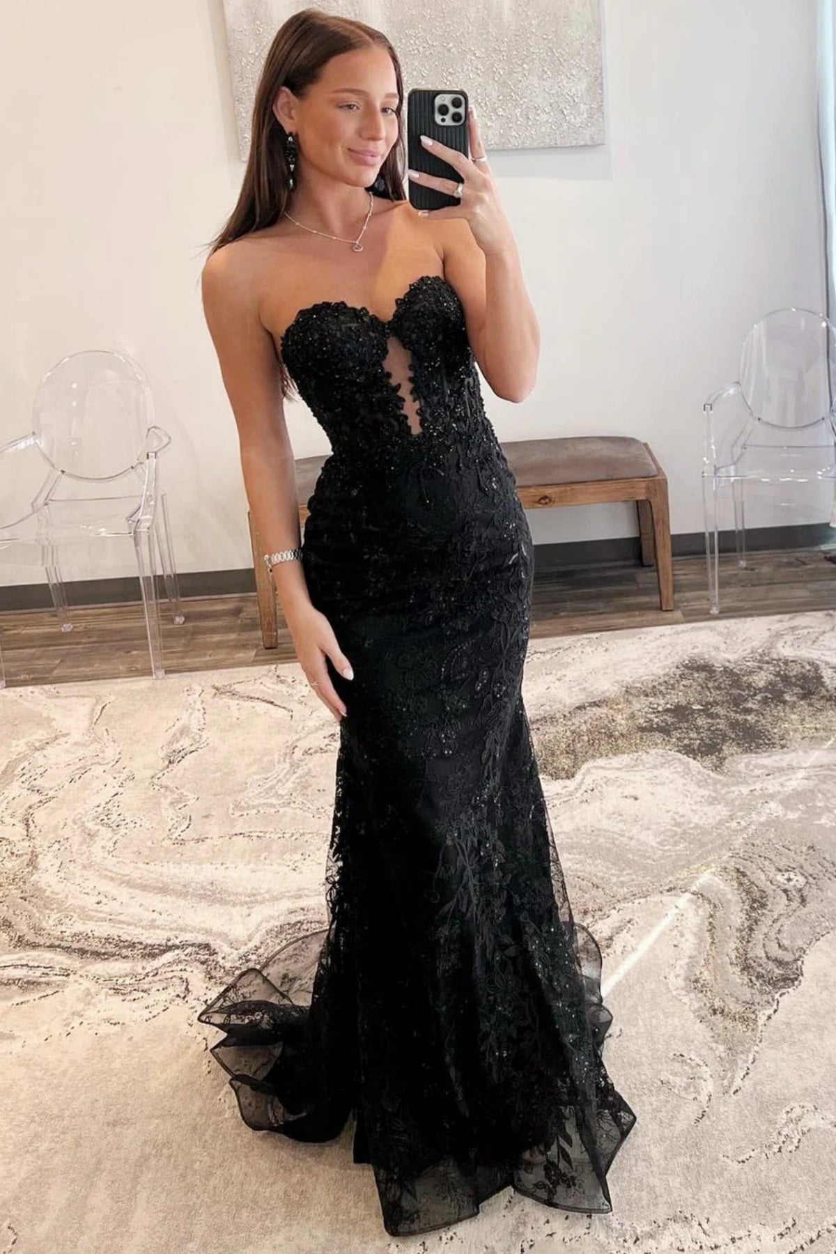 Strapless Black Mermaid Lace Prom Dresses, Black Mermaid Lace Formal Graduation Dresses