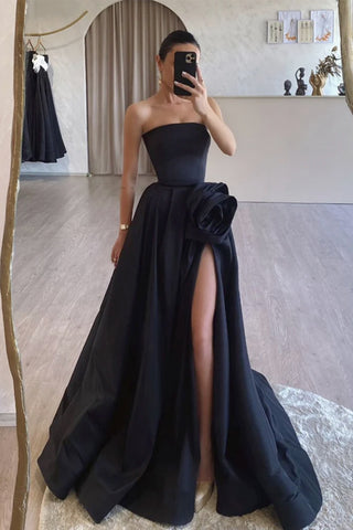 Strapless Black Satin Long Prom Dresses, Strapless Black Long Formal Graduation Dress with High Slit