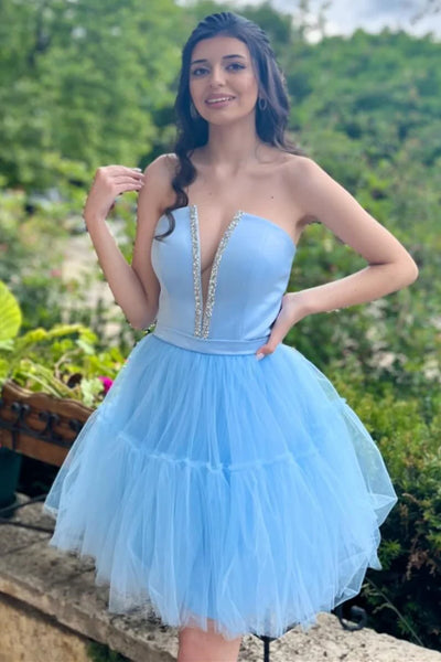 Strapless Deep V Neck Blue Tulle Prom Dresses with Beadings, Short Light Blue Homecoming Dresses