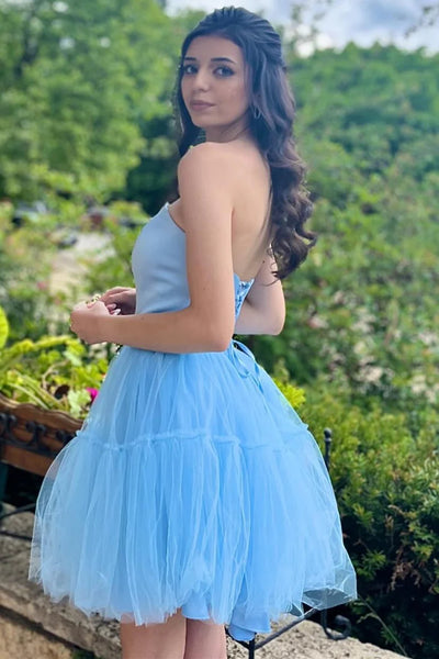 Strapless Deep V Neck Blue Tulle Prom Dresses with Beadings, Short Light Blue Homecoming Dresses