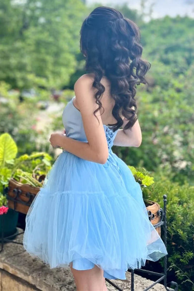 Strapless Deep V Neck Blue Tulle Prom Dresses with Beadings, Short Light Blue Homecoming Dresses