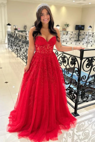 Strapless Floor Length Red Lace Long Prom Dresses, Red Lace Formal Dresses, Red Evening Dresses