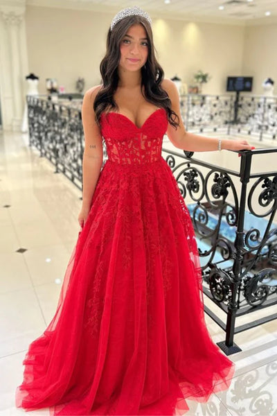 Strapless Floor Length Red Lace Long Prom Dresses, Red Lace Formal Dresses, Red Evening Dresses