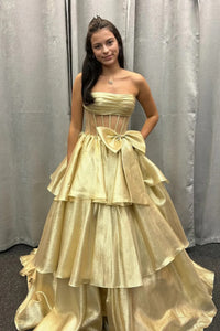 Strapless Gold Organza Layered Long Prom Dresses, Gold Organza Layered Long Formal Evening Dresses