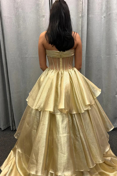 Strapless Gold Organza Layered Long Prom Dresses, Gold Organza Layered Long Formal Evening Dresses