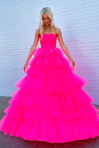 Strapless Hot Pink Tulle Long Prom Dresses, Hot Pink Long Formal Evening Dresses