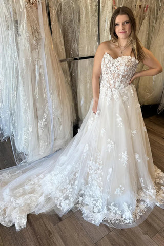 Strapless Ivory Lace Long Wedding Dresses with Train, White Lace Prom Dresses, Ivory Formal Evening Dresses