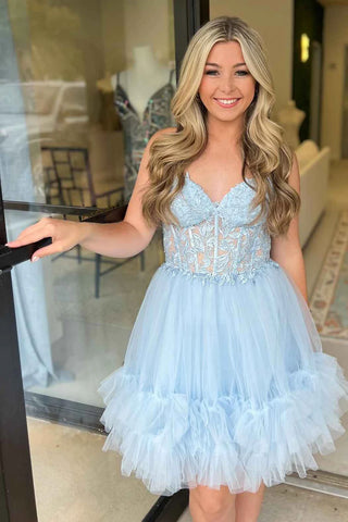 Strapless Light Blue/Yellow/Navy Blue Lace Prom Dresses, Short Light Blue/Yellow/Navy Blue Lace Homecoming Dresses