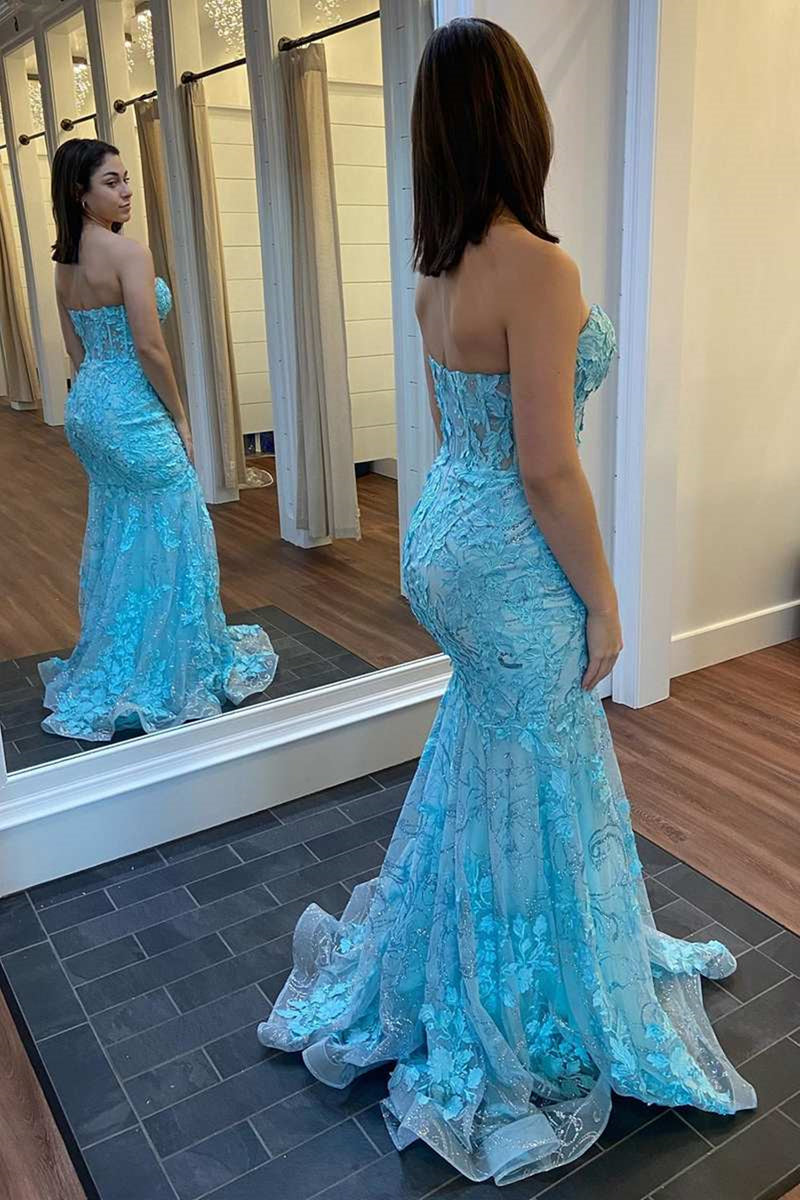 Strapless Mermaid Blue Lace Long Prom Dresses, Strapless Mermaid Blue ...