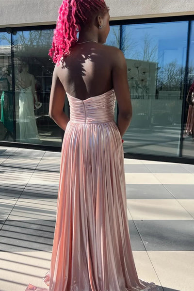 Strapless Open Back Pleated Pink Long Prom Dresses, Long Pink Formal Graduation Evening Dresses