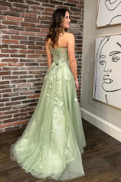 Strapless Sage Green Lace Floral Long Prom Dresses with High Slit, Sage Green Lace Formal Graduation Evening Dresses