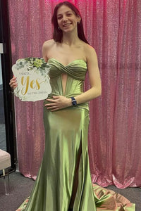 Strapless Sage Green Satin Mermaid Long Prom Dresses, Sage Mermaid Long Formal Evening Dresses