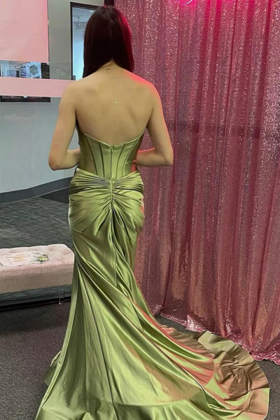 Strapless Sage Green Satin Mermaid Long Prom Dresses, Sage Mermaid Long Formal Evening Dresses