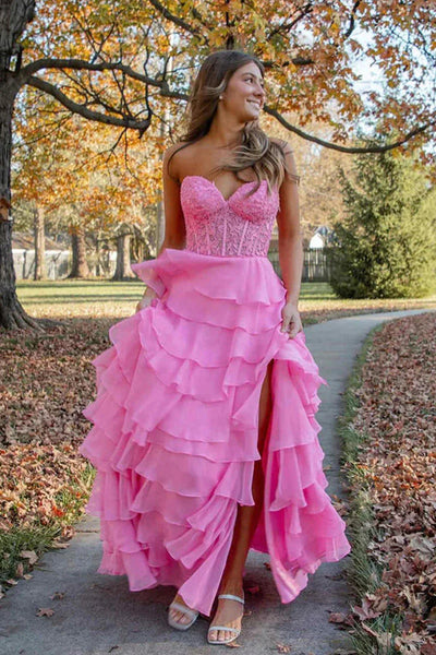 Strapless Sweetheart Neck Yellow/Pink/Blue Lace Layered Long Prom Dresses, Yellow/Pink/Blue Lace Formal Graduation Evening Dresses