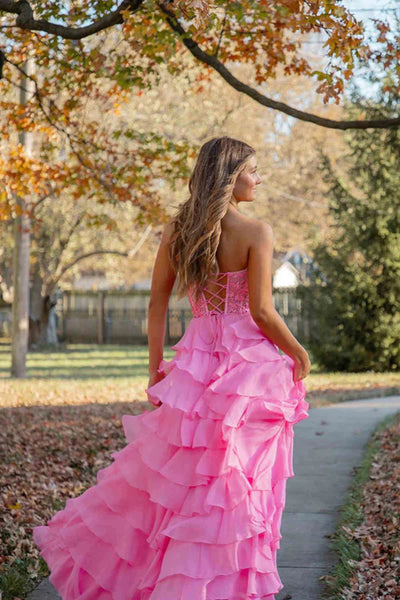 Strapless Sweetheart Neck Yellow/Pink/Blue Lace Layered Long Prom Dresses, Yellow/Pink/Blue Lace Formal Graduation Evening Dresses