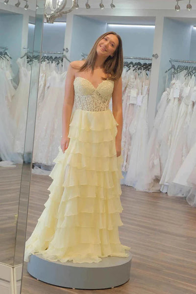 Strapless Sweetheart Neck Yellow/Pink/Blue Lace Layered Long Prom Dresses, Yellow/Pink/Blue Lace Formal Graduation Evening Dresses